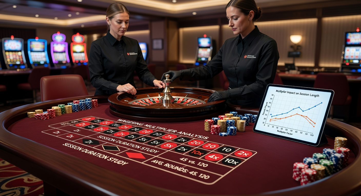 Roulette wheel and betting chips illustrating wagering multiplier effects on session duration
