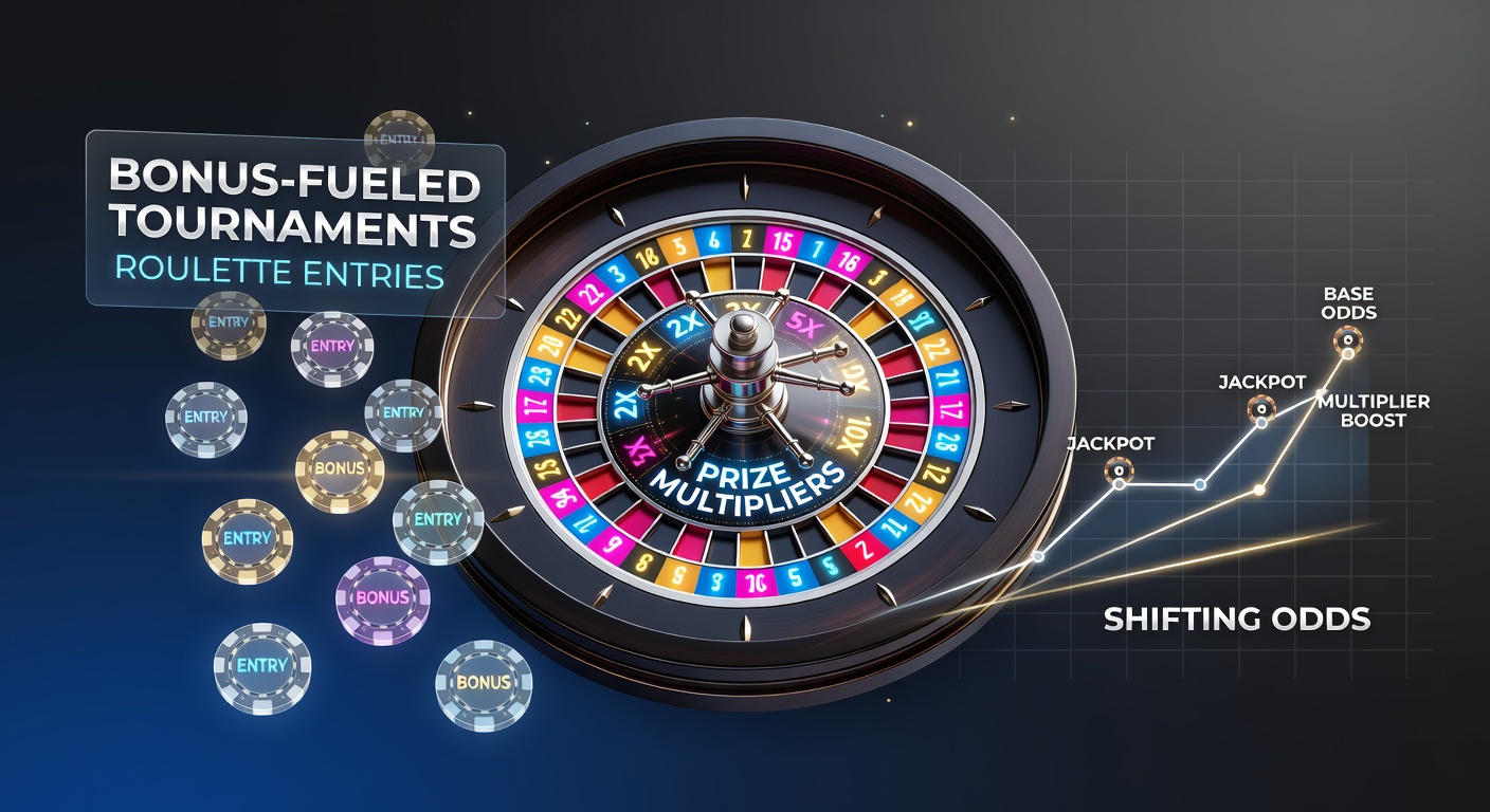 Vibrant roulette wheel in a tournament setting with glowing bonus icons overlayed, symbolizing entry boosts and prize enhancements