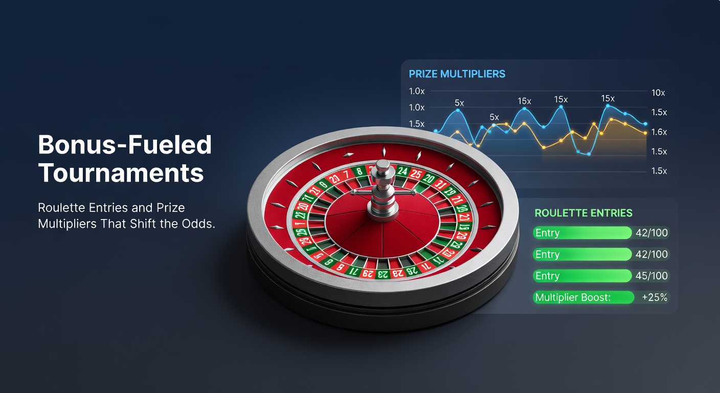Dynamic leaderboard graphic from a roulette tournament, highlighting prize multipliers exploding payouts for top finishers amid spinning wheels and bonus symbols