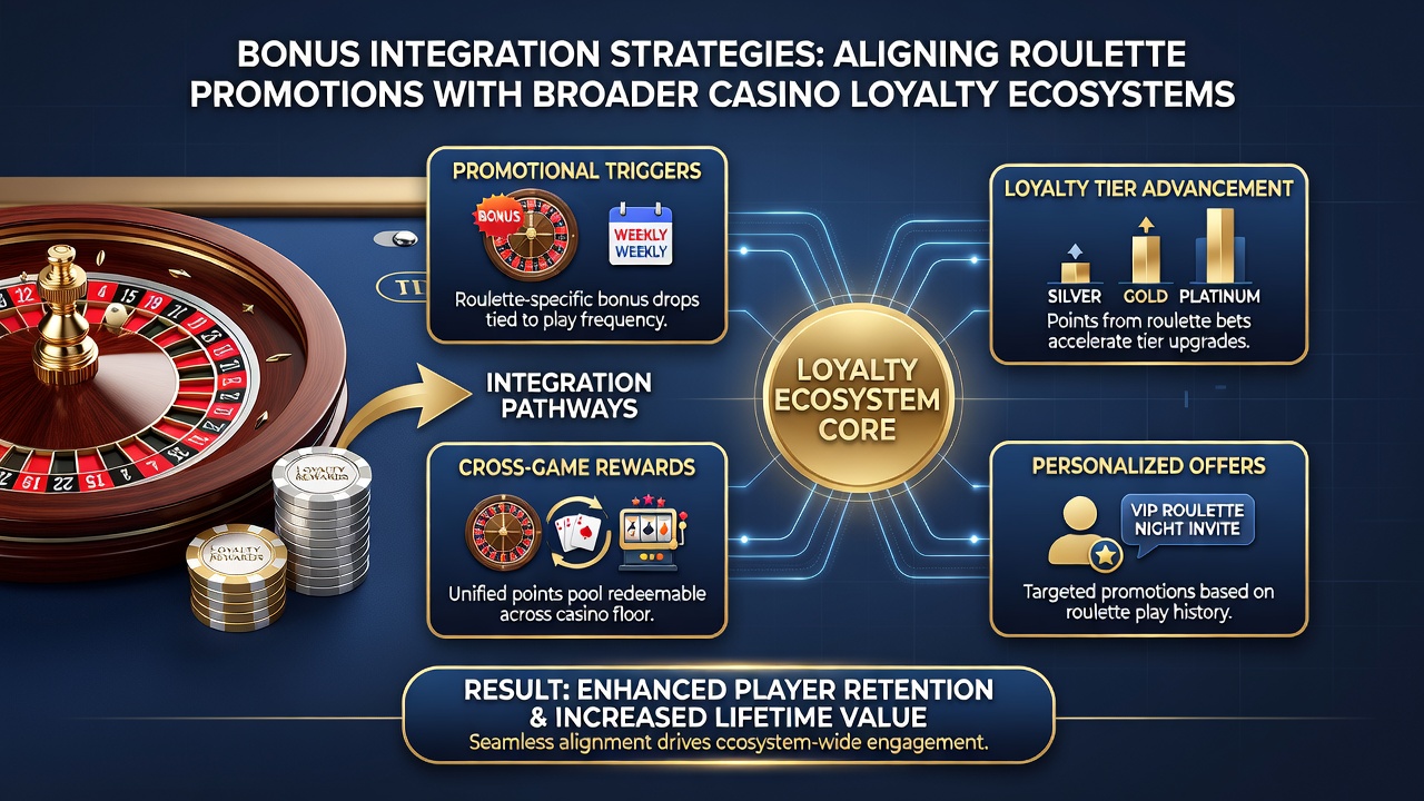 Player interface displaying integrated roulette bonus points feeding into casino-wide loyalty tiers and redemption options