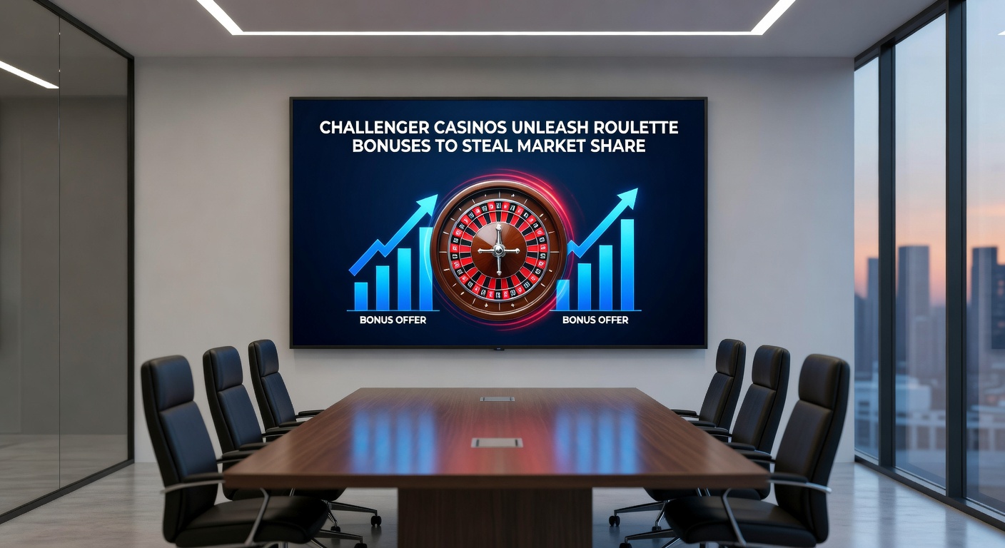 Dynamic chart showing rising market share lines for challenger casinos against flatlining incumbents, overlaid with roulette chip icons