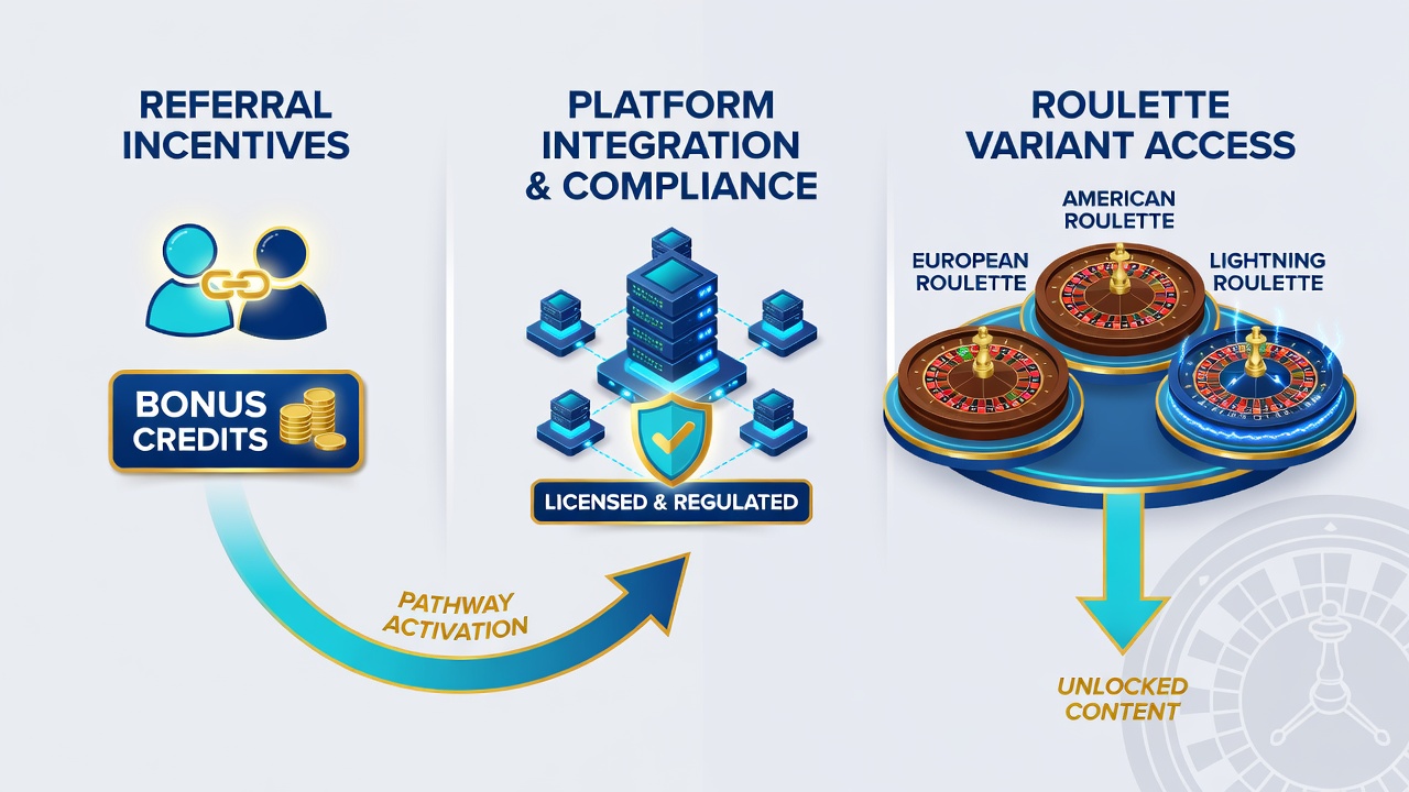 Screenshot of licensed platform interface showing roulette variant menu unlocked via referral incentives