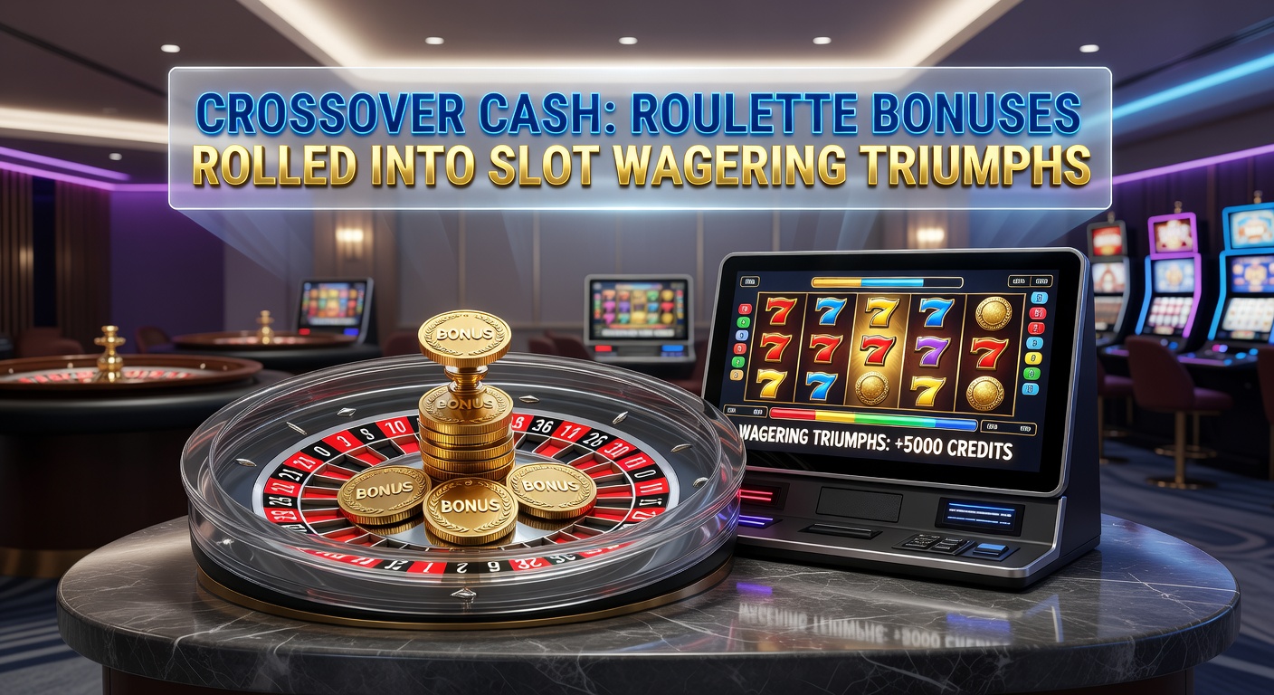 Dynamic graphic illustrating roulette bonus funds flowing into slot meters, with exploding win symbols and wagering progress bars filling up