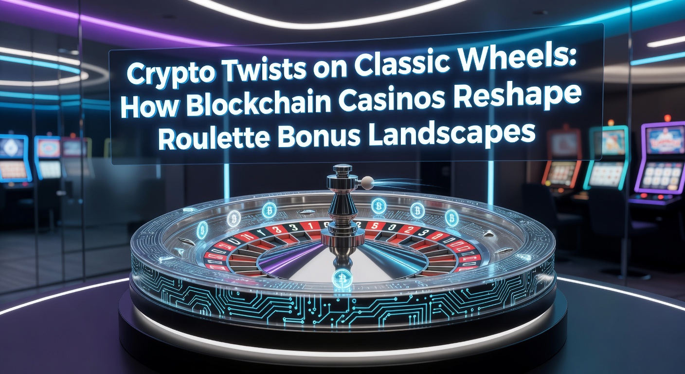 Digital roulette wheel glowing with blockchain nodes and cryptocurrency icons, symbolizing the fusion of classic casino games and decentralized tech