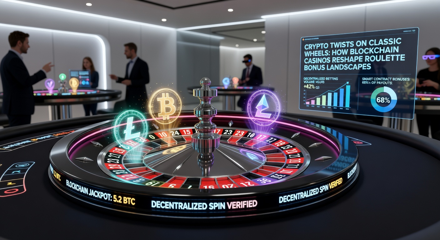 Animated graphic of cryptocurrency coins cascading onto a roulette table, with smart contract code overlay highlighting bonus activation