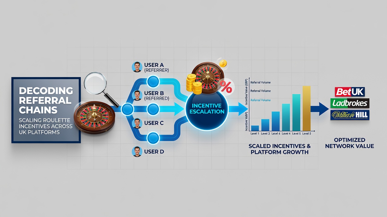Illustration of referral chain growth with roulette wheel elements connecting UK casino accounts