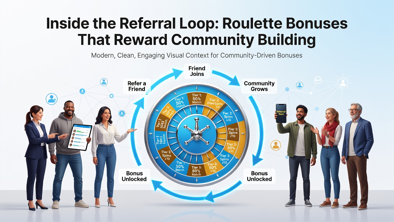 Group of online roulette players celebrating shared referral bonus achievements on a digital platform