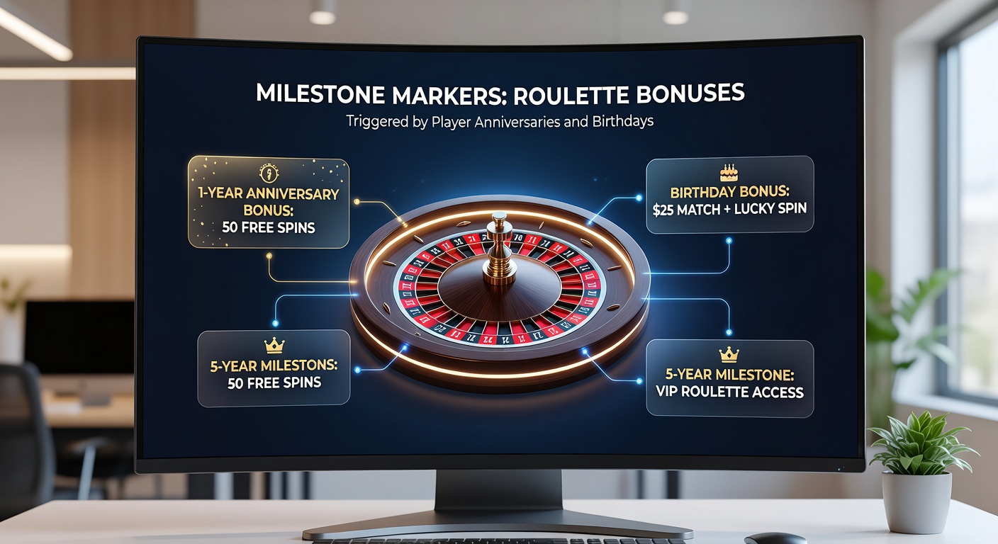 Calendar pages flipping to birthday and anniversary dates with roulette chips and bonus notifications overlayed, illustrating milestone-triggered rewards