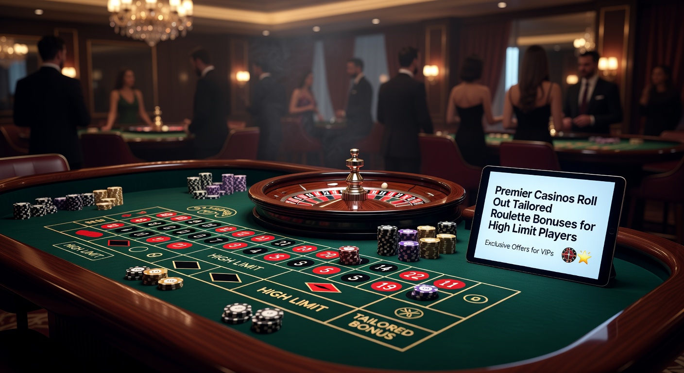 Glamorous roulette wheel at a premier casino, surrounded by high-limit chips and elegant players under spotlight lighting