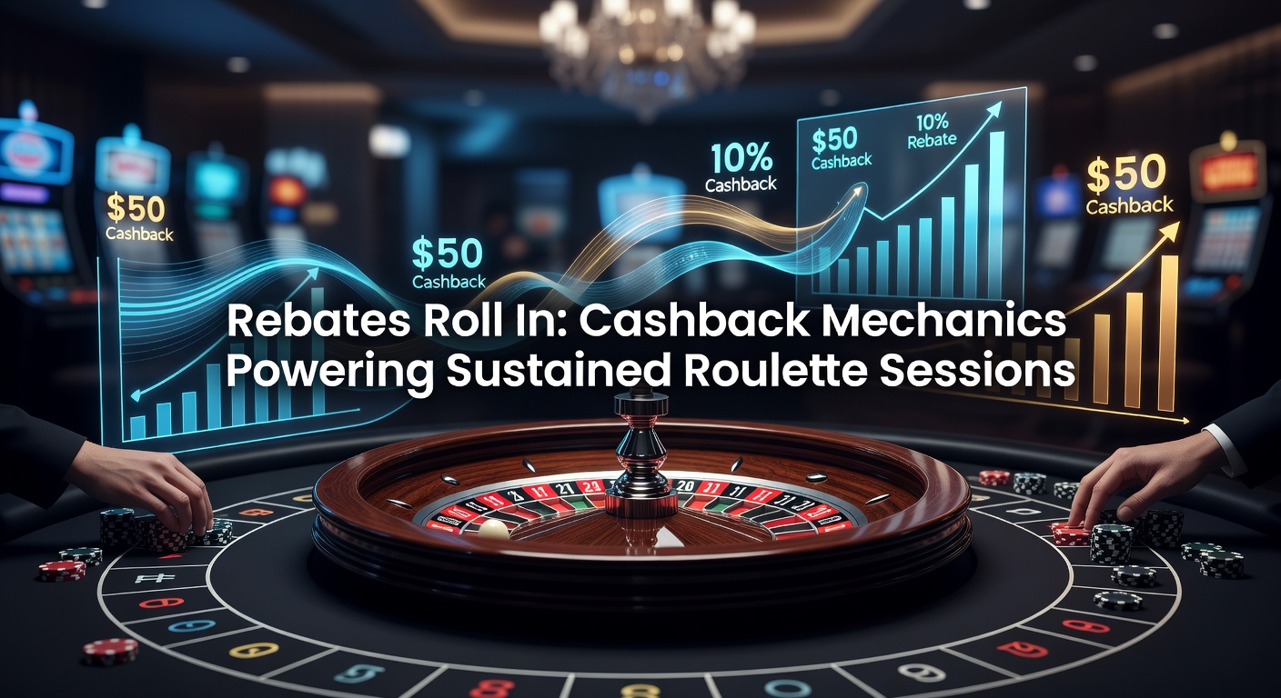 Graphic showing cashback rebates flowing back to a roulette player during an extended session, with coins and wheel elements