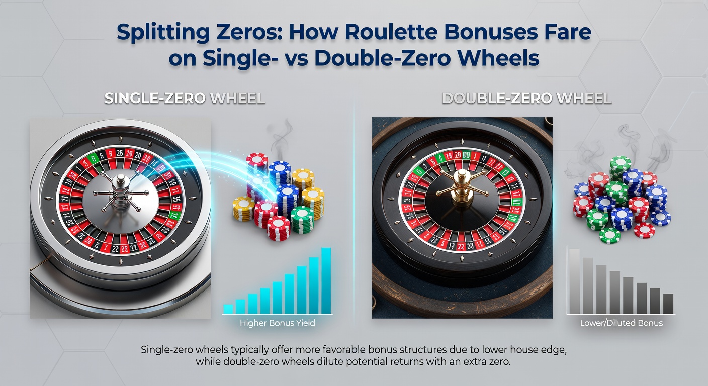 Infographic chart comparing bonus clearance rates and house edges between single-zero and double-zero roulette wheels, with bar graphs and RTP percentages