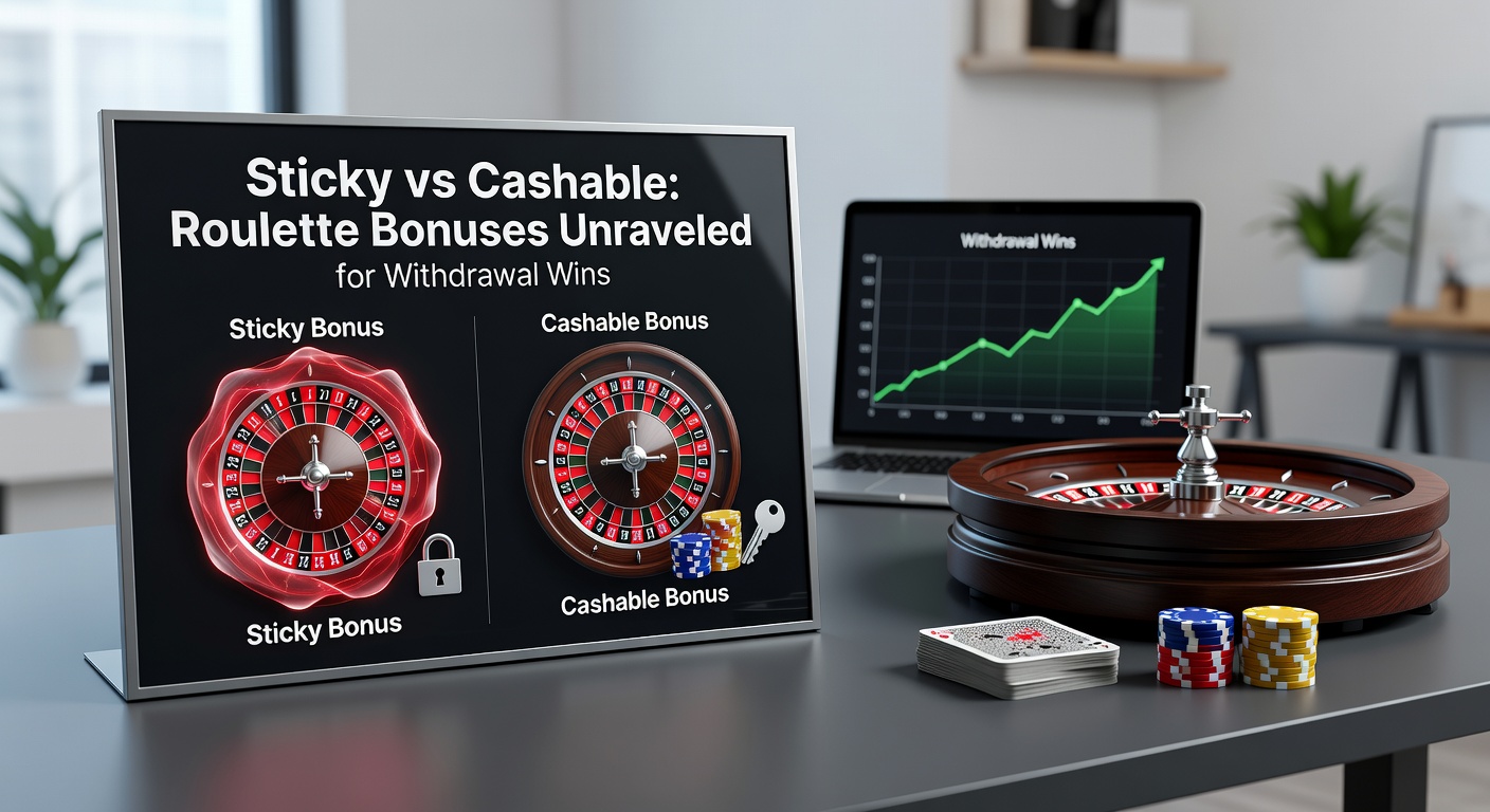 Illustration comparing sticky and cashable roulette bonuses with casino chips and bonus icons