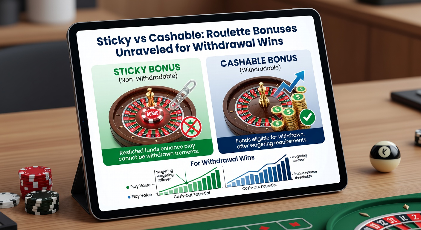 Graphic showing withdrawal flowcharts for sticky versus cashable bonuses in roulette contexts