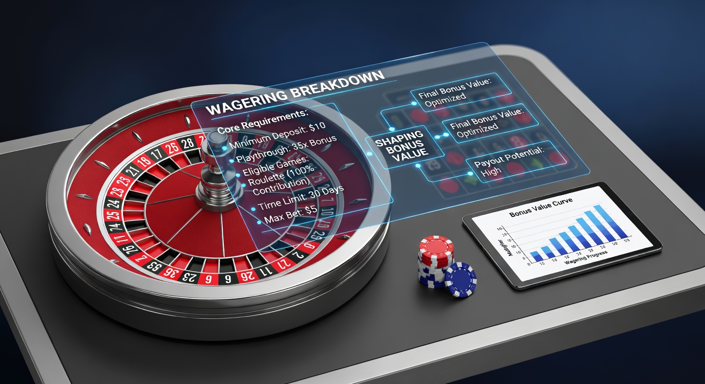 Digital graphic showing a roulette wheel overlaid with mathematical equations and wagering multiplier icons, illustrating the core mechanics behind bonus calculations