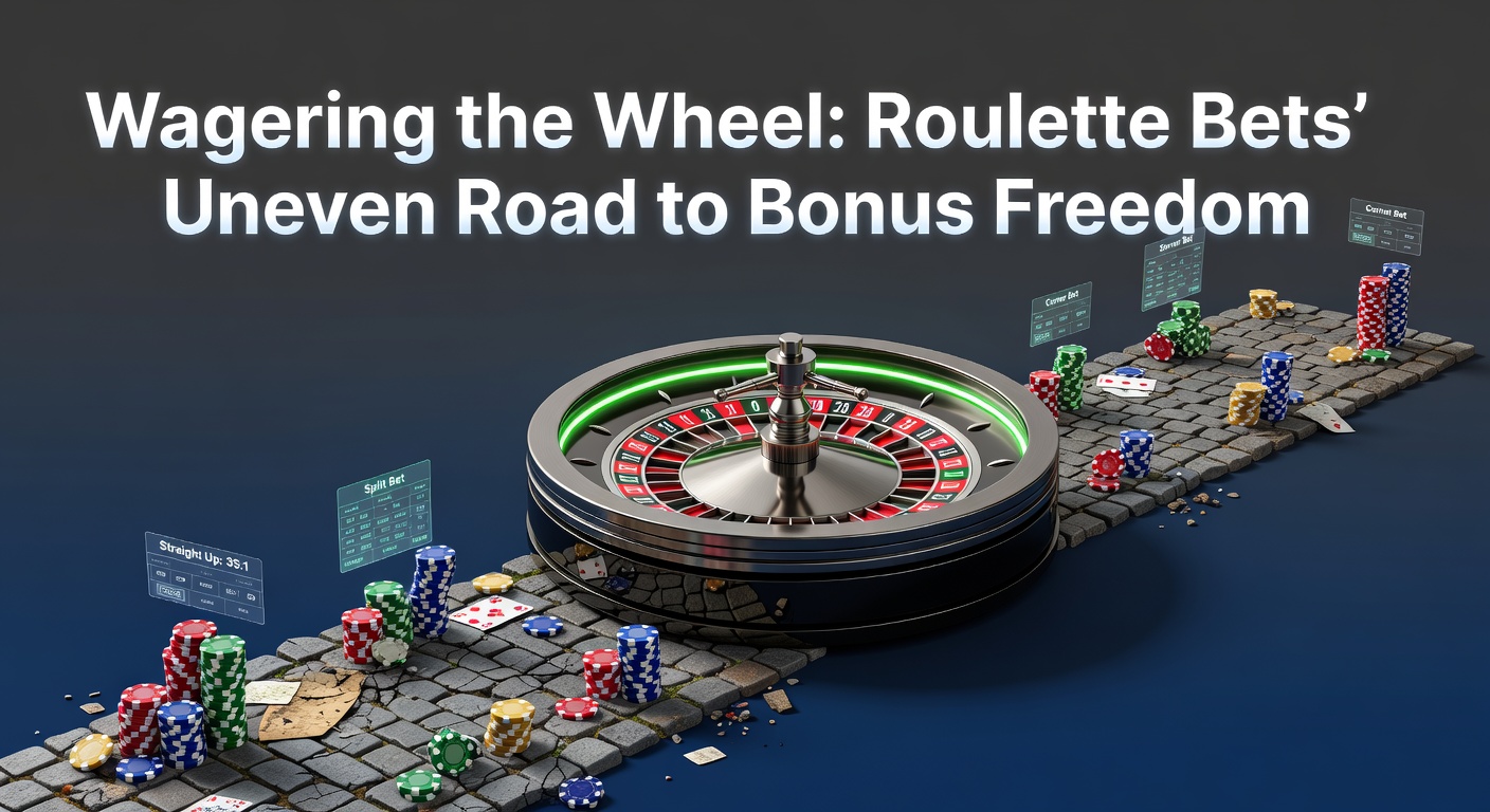 A roulette wheel spinning with chips stacked unevenly on various bets, symbolizing the unequal contributions to bonus wagering requirements